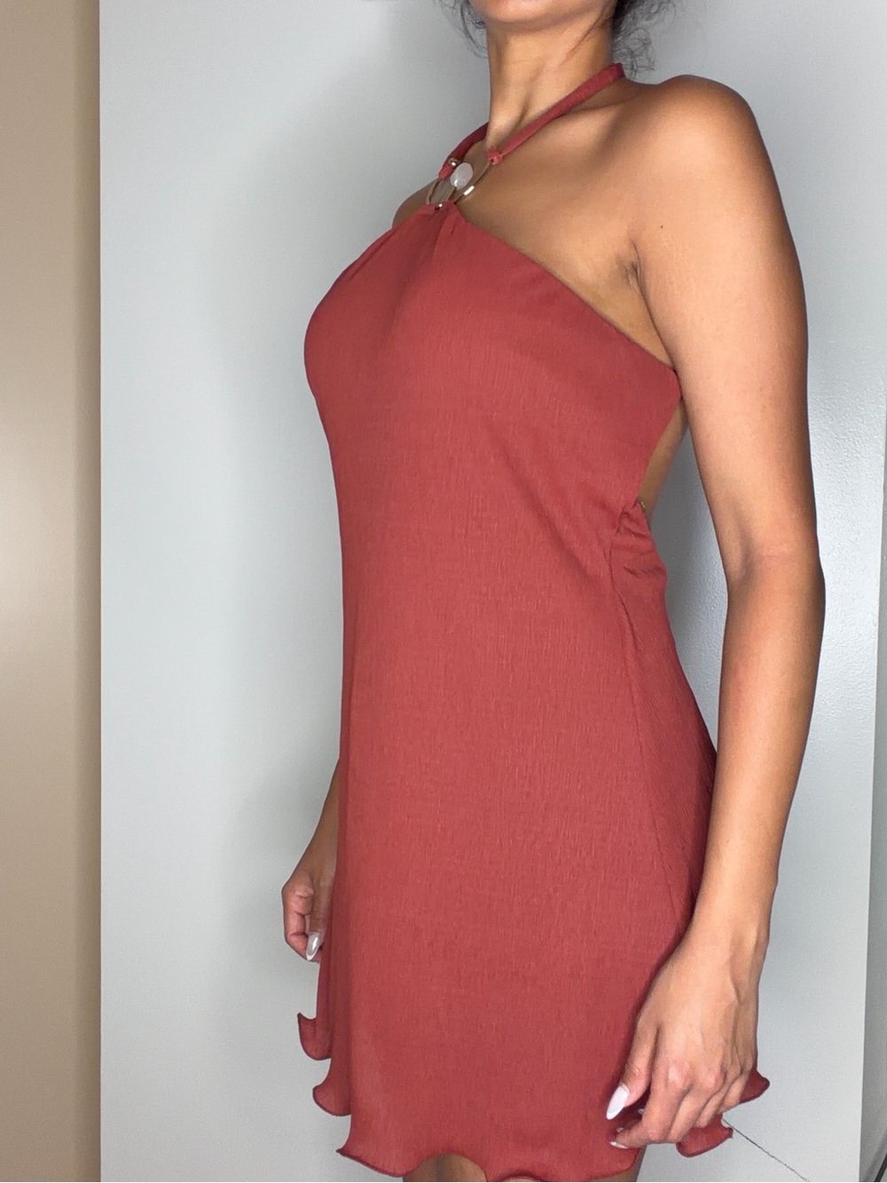 Oh Polly One-Shoulder Rust Mini Dress with Ring Detail